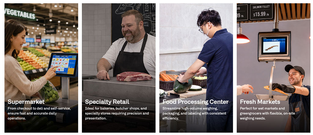 Retail weighing and labeling applications across four settings: supermarket, specialty retail, food processing center and fresh market